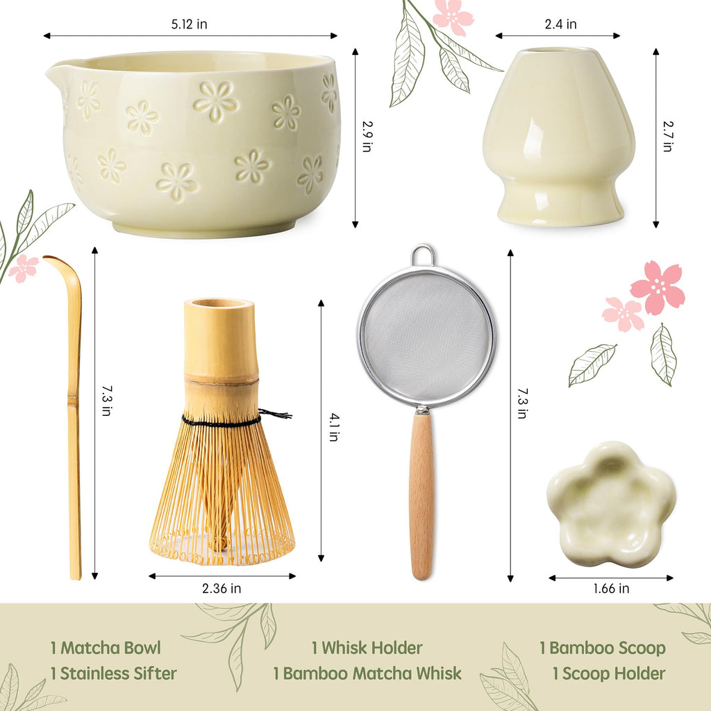 6-Piece Ceramic Matcha Set – Blue Cherry Blossom Bowl, 100-Prong Whisk, Scoop & Sifter