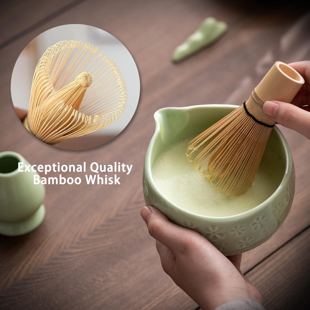 Buucup 7-Piece Green Ceramic Matcha Set – Bowl, Bamboo Whisk, Scoop, Holder, Rest, Sifter & Tea Towel