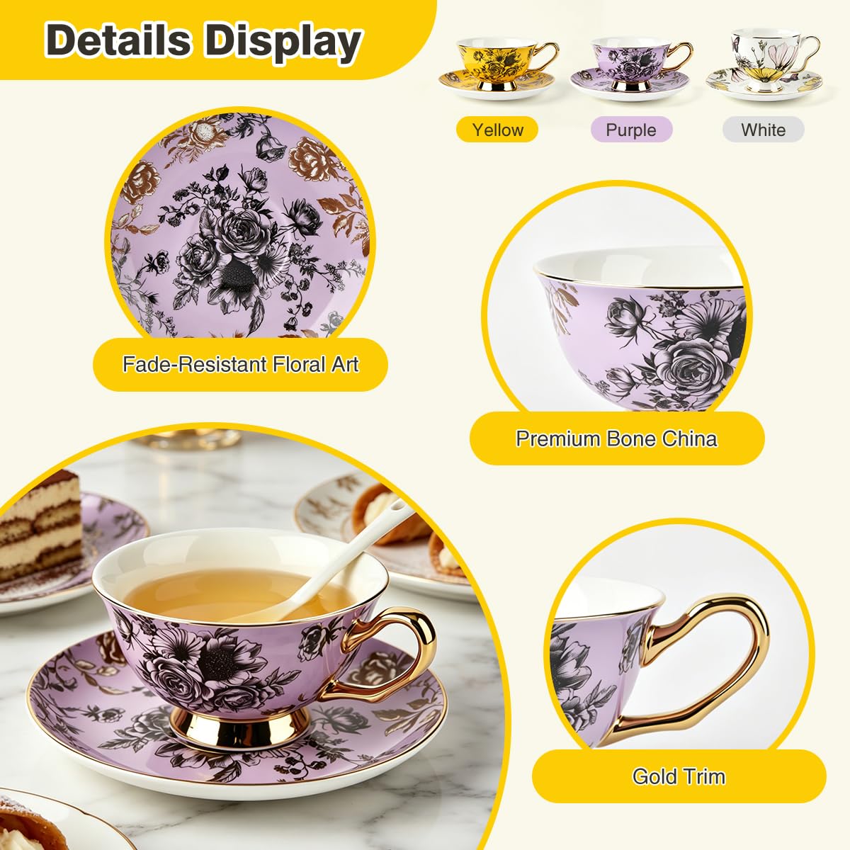 Bone China Floral Tea Cup & Saucer Set with Spoon – 7 oz
