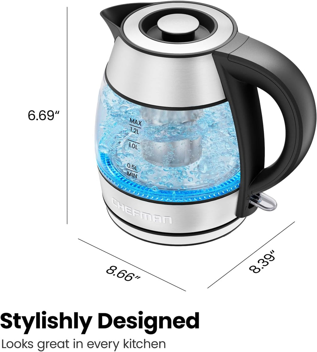 Chefman 1.2L Glass Electric Tea Kettle with Infuser