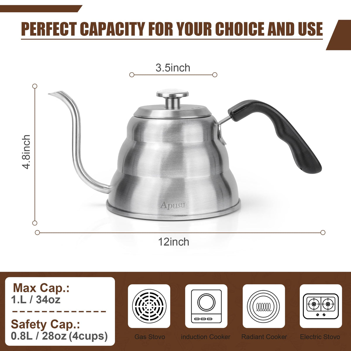 Stovetop Gooseneck Kettle with Thermometer – 40oz Stainless Steel, Pour Over