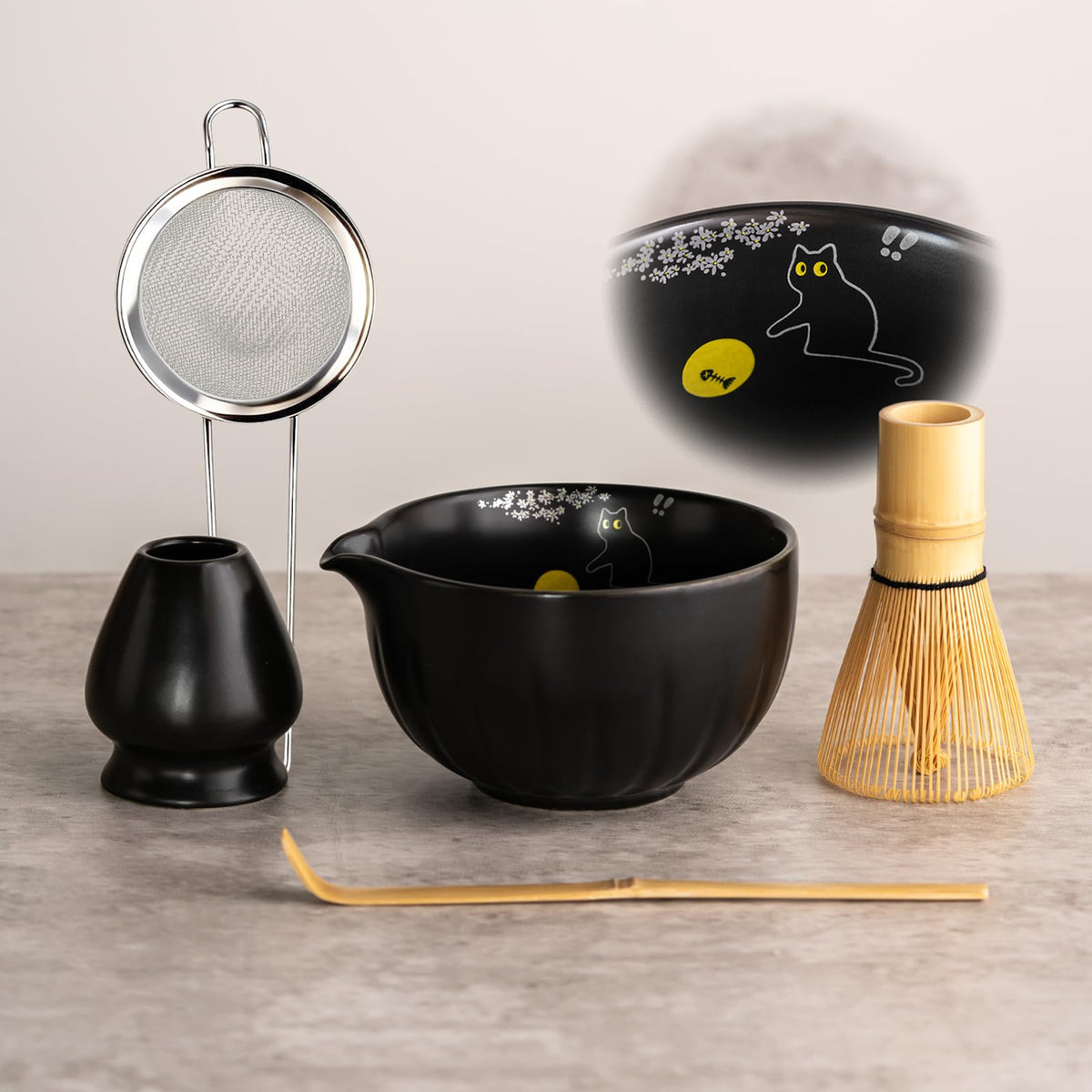 Tang Pin 5-Piece Matcha Set – 15oz Mottled Green Ceramic Bowl, Whisk, Scoop & Chasen Holder