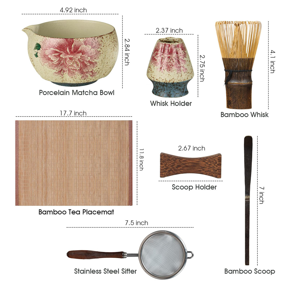 7-Piece Matcha Set – Floral Bowl & Purple Bamboo Whisk