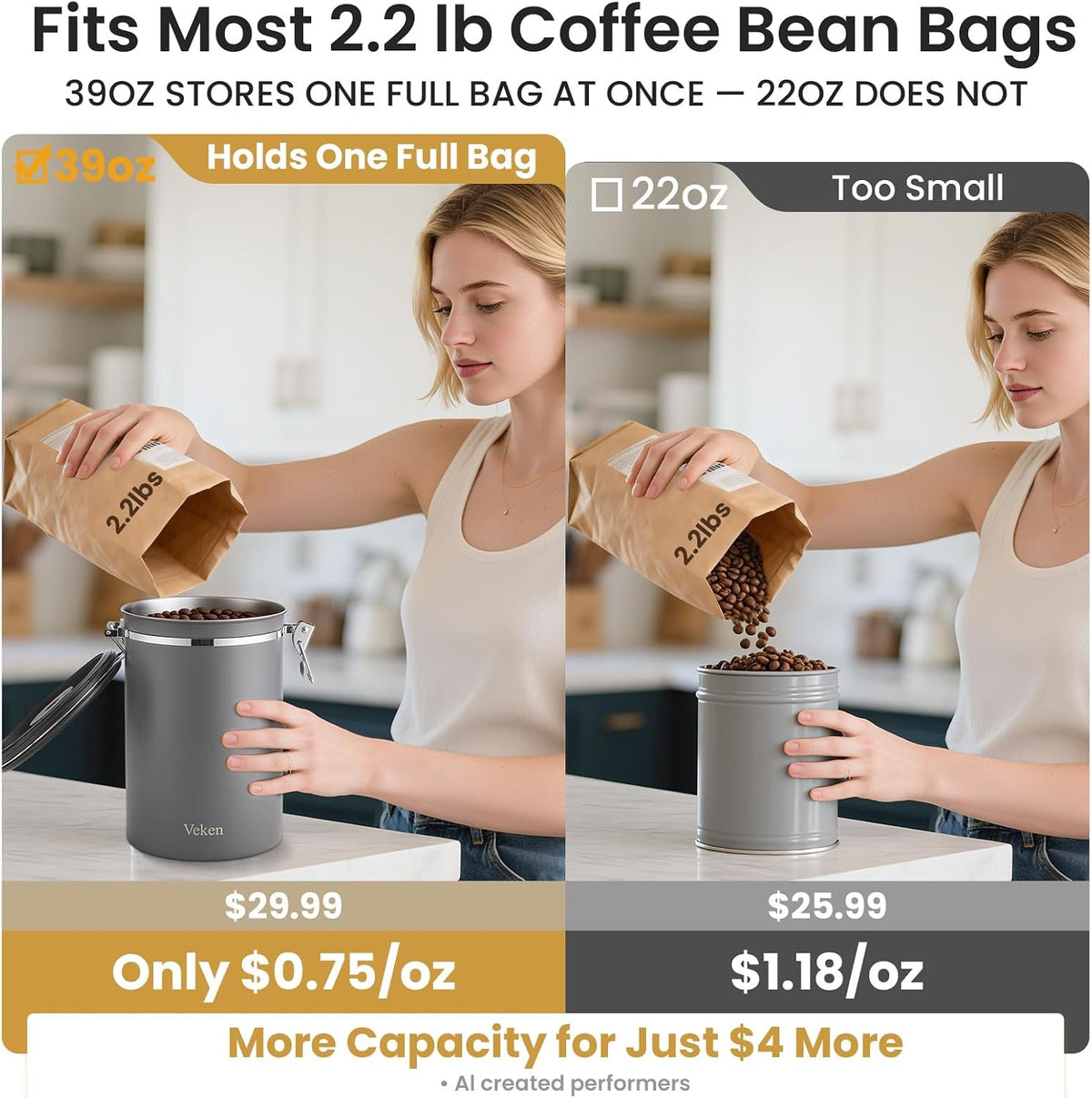 Veken Airtight Coffee Canister 39oz – Gray