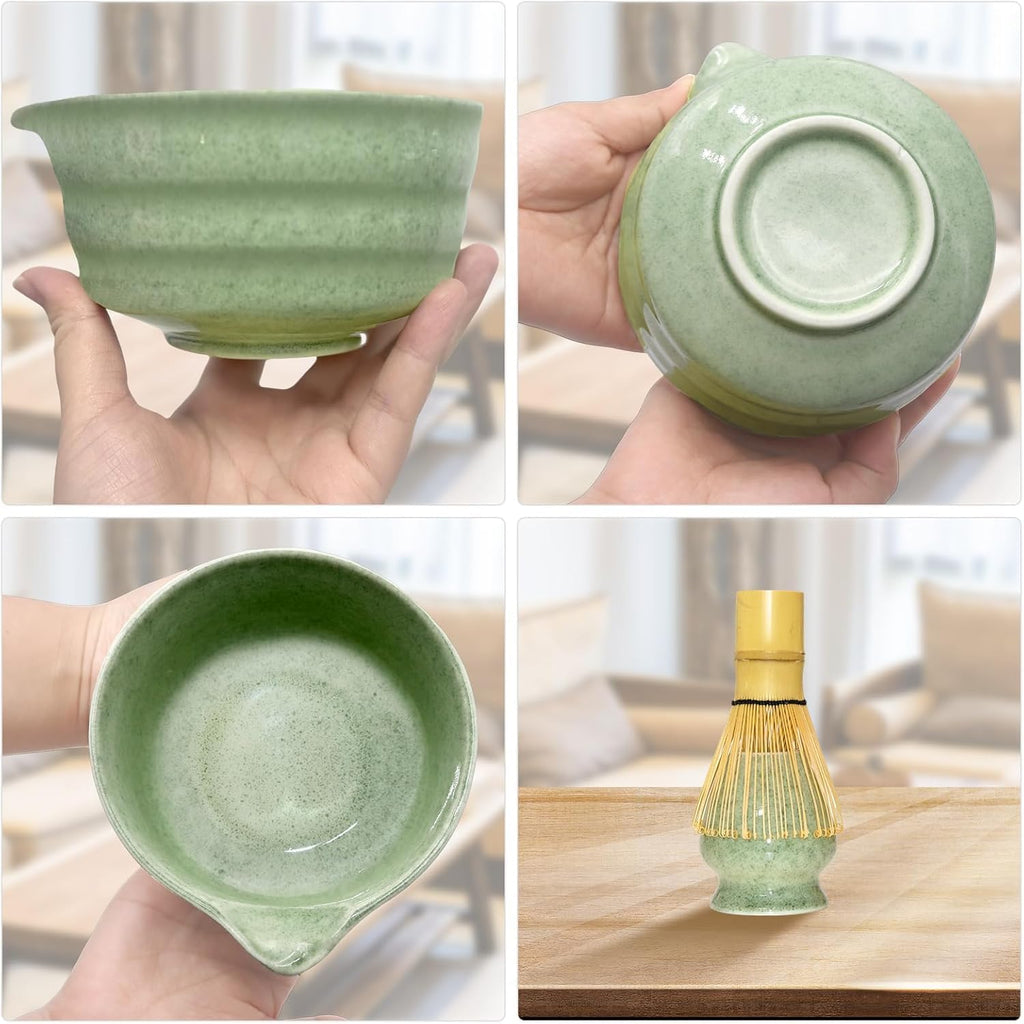 5-Piece Matcha Whisk Set – Green Ceramic Chawan, Bamboo Whisk, Scoop & Sifter