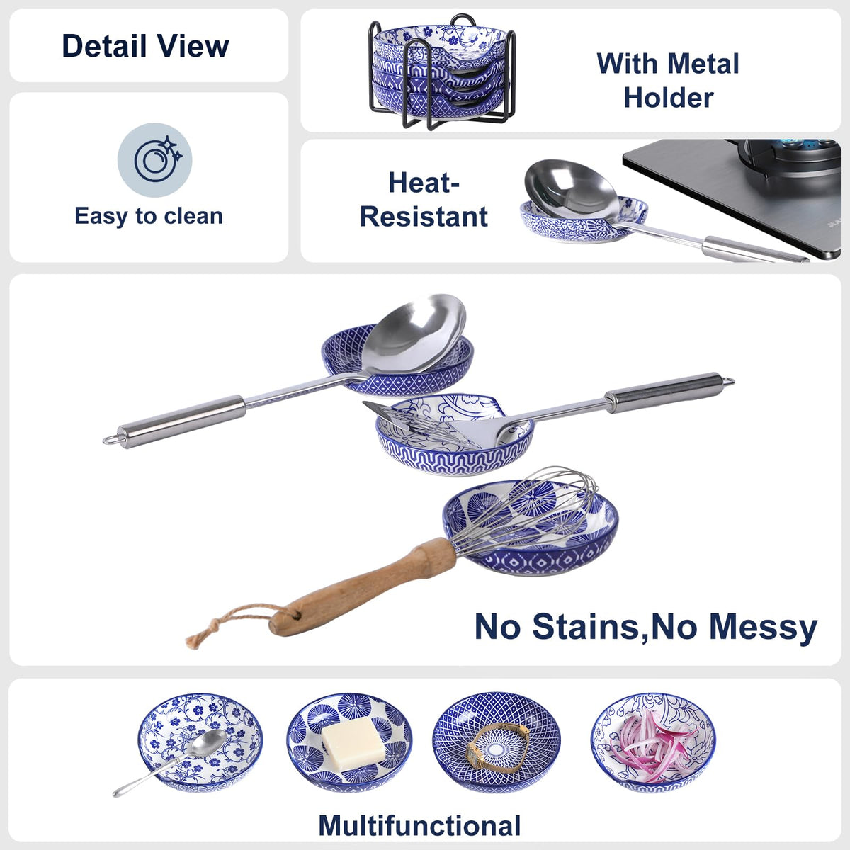 Selamica Ceramic Spoon Rest Set of 4 with Metal Holder – 4.8", Assorted Colors
