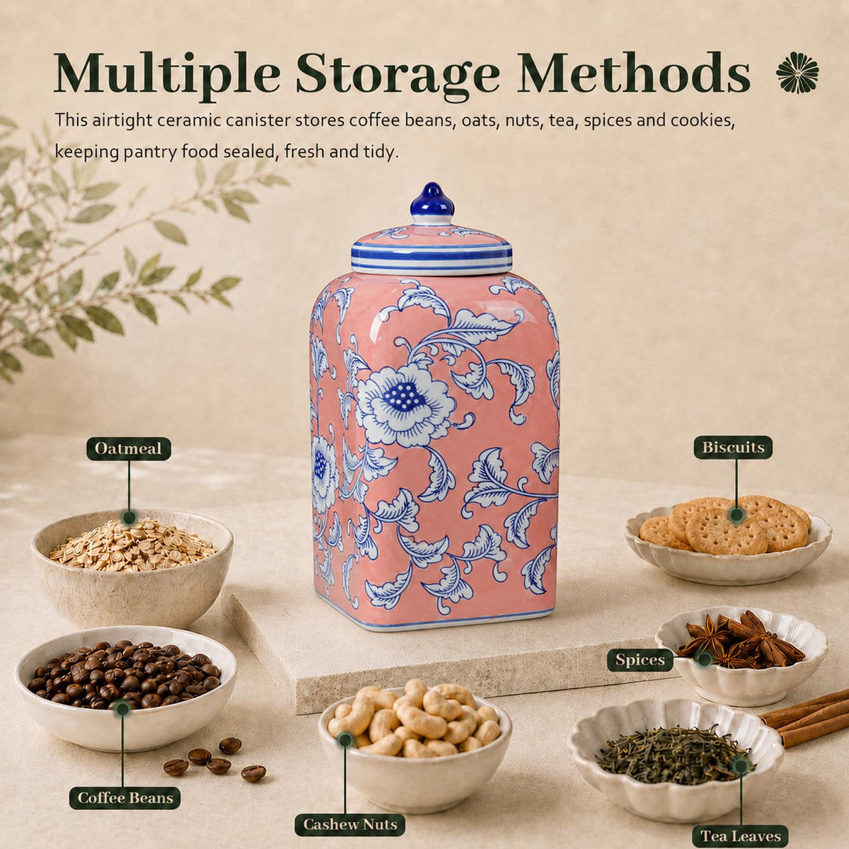 Ceramic Tea & Coffee Canister with Airtight Lid – 10" H, 121 fl oz, Green Peony Chinoiserie