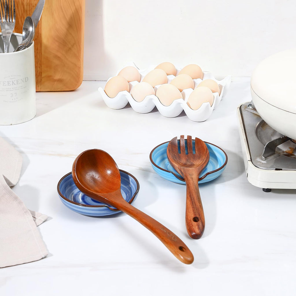 Selamica Ceramic Spoon Rest Set of 4 with Metal Holder – 4.8", Assorted Colors