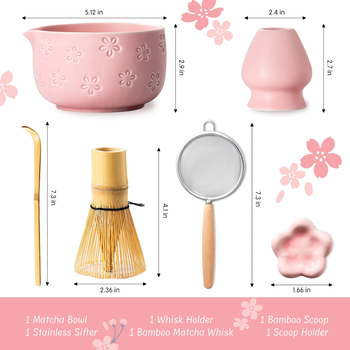 6-Piece Ceramic Matcha Set – Blue Cherry Blossom Bowl, 100-Prong Whisk, Scoop & Sifter