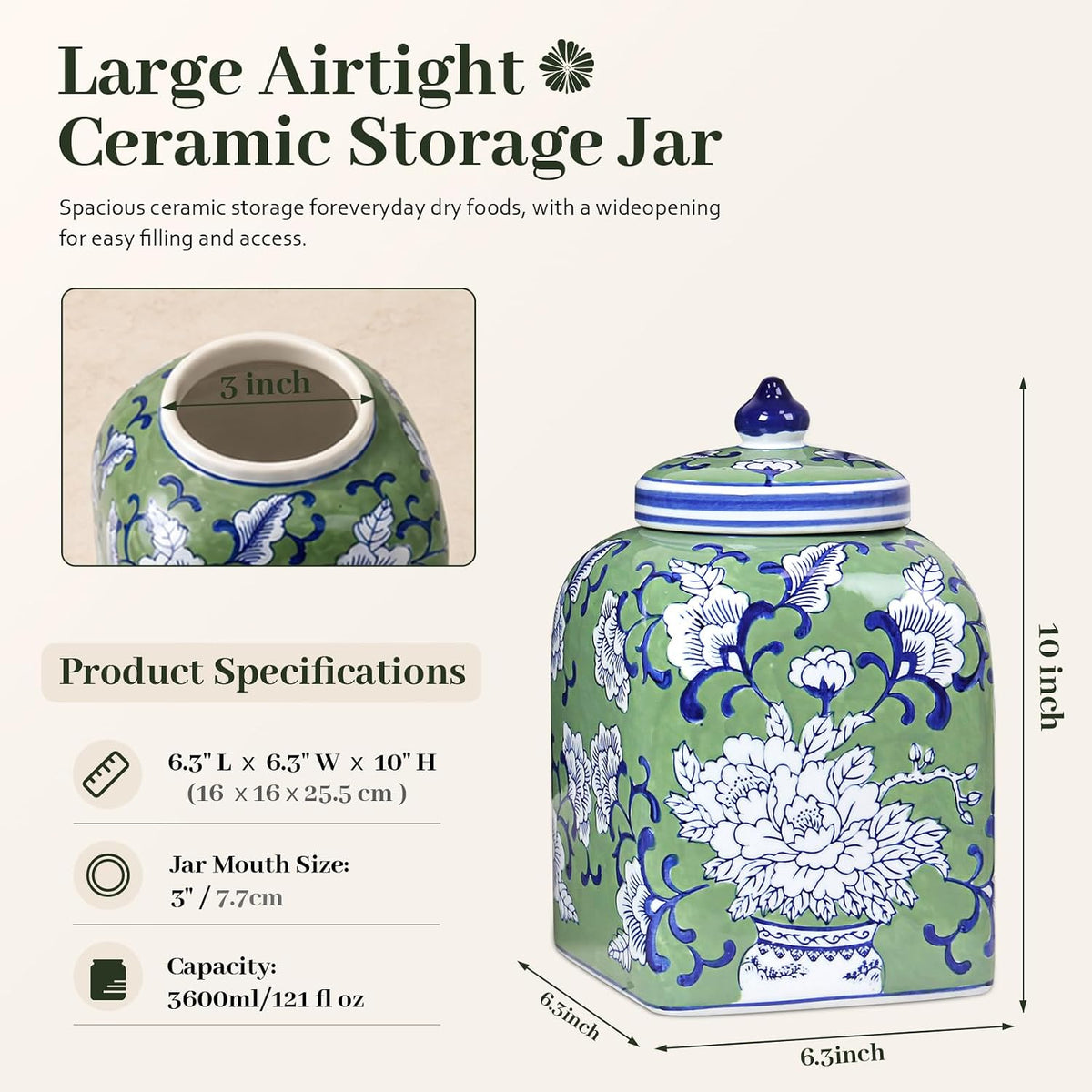 Ceramic Tea & Coffee Canister with Airtight Lid – 10" H, 121 fl oz, Green Peony Chinoiserie