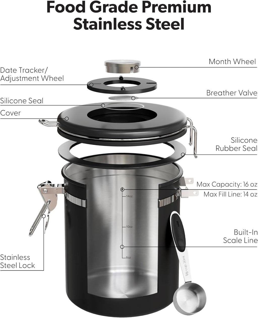 Veken Airtight Coffee Canister with Window 22oz – Black