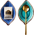 Ceramic Leaf Spoon Rest & Tea Bag Holder Set – Ice-Cracked Glaze, 2 Gold Spoons Included