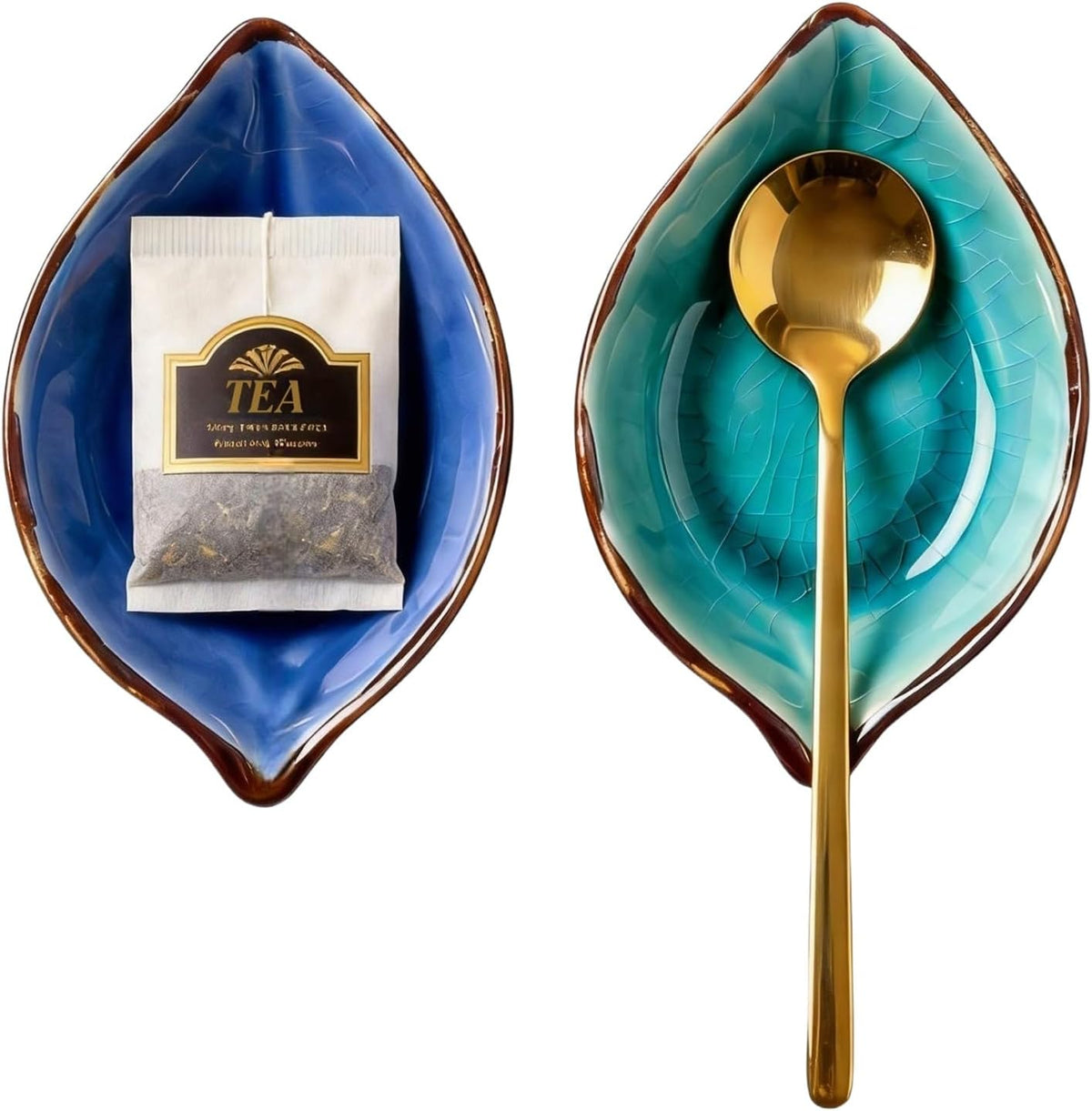 Ceramic Leaf Spoon Rest & Tea Bag Holder Set – Ice-Cracked Glaze, 2 Gold Spoons Included