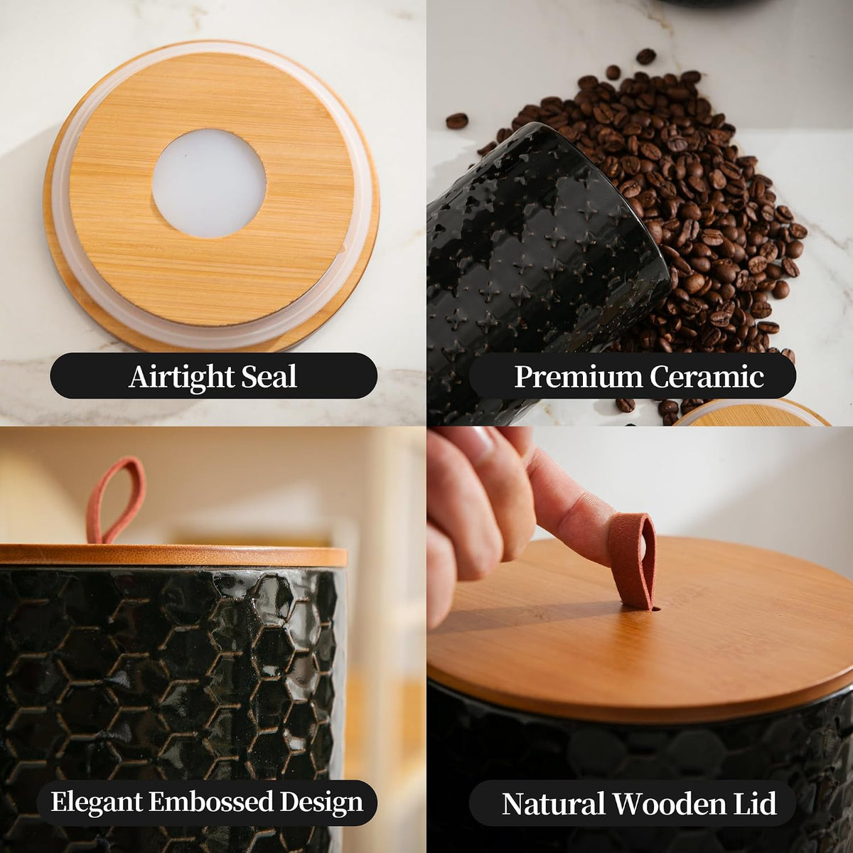 JOJUNO Black Embossed Ceramic Canister Set of 3 – Airtight Bamboo Lids, 30/48/82 oz