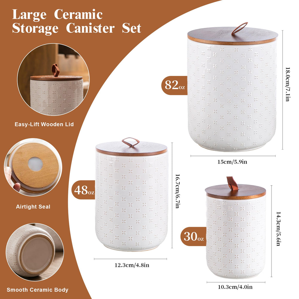 Mowtanco White Embossed Ceramic Canister Set of 3 – Airtight Bamboo Lids, 12/30/48 oz