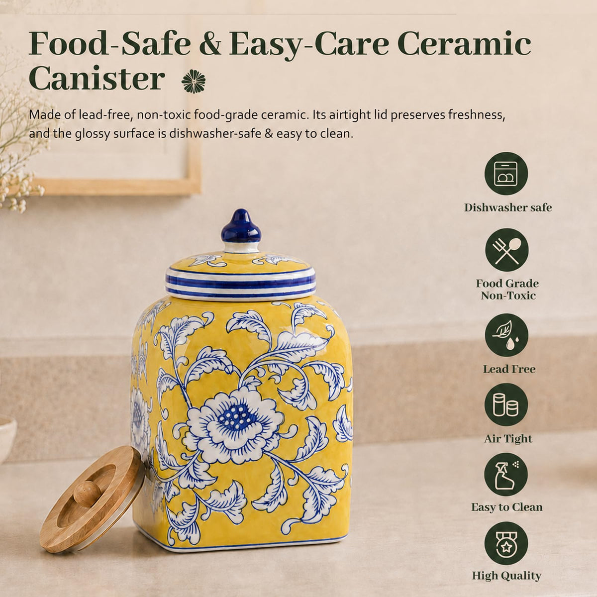 Ceramic Tea & Coffee Canister with Airtight Lid – 10" H, 121 fl oz, Green Peony Chinoiserie