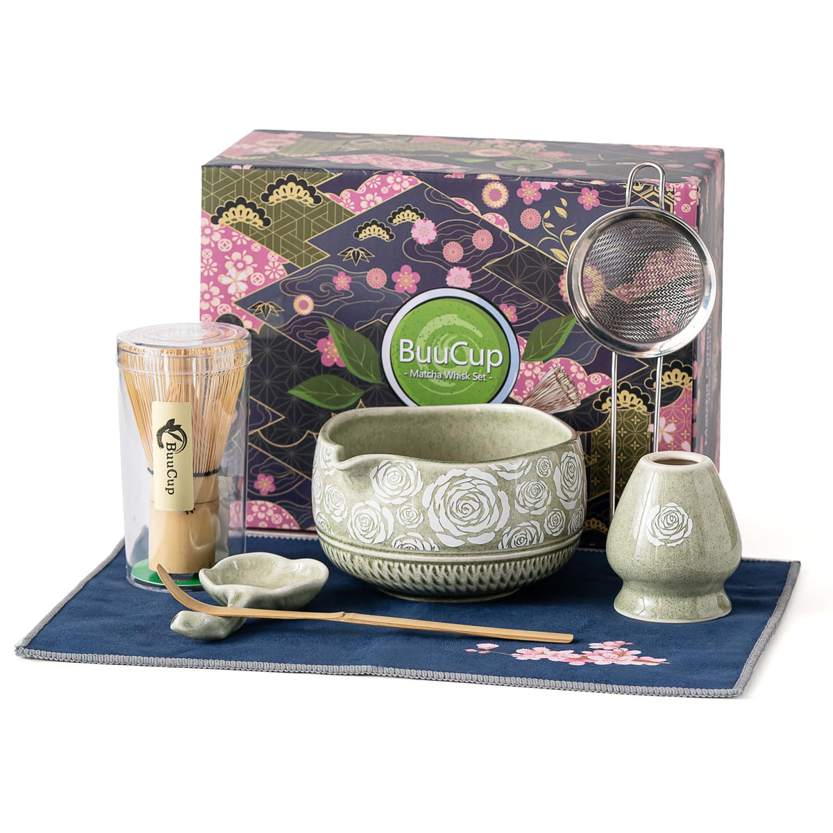 Buucup 7-Piece Green Ceramic Matcha Set – Bowl, Bamboo Whisk, Scoop, Holder, Rest, Sifter & Tea Towel