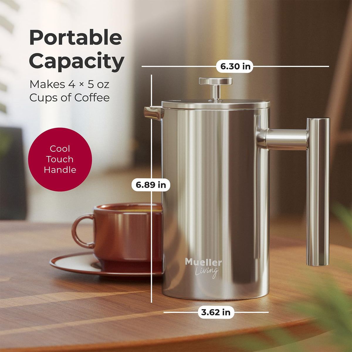 MuellerLiving French Press Coffee Maker – 34oz, Stainless Steel, 4-Filter