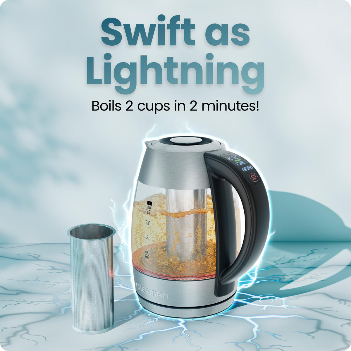 Chefman 1.2L Glass Electric Tea Kettle with Infuser