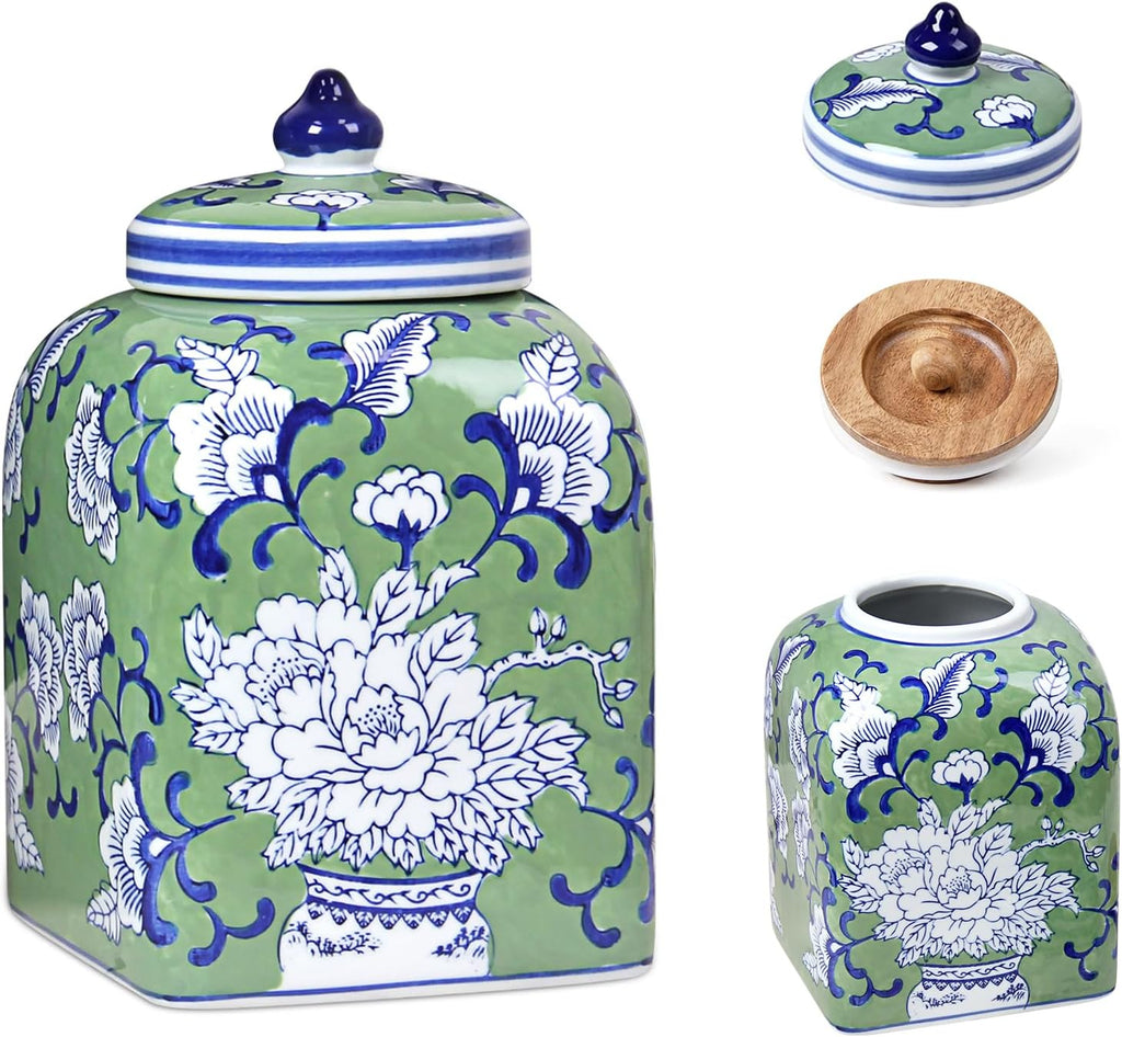 Ceramic Tea & Coffee Canister with Airtight Lid – 10" H, 121 fl oz, Green Peony Chinoiserie