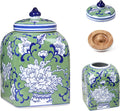 Ceramic Tea & Coffee Canister with Airtight Lid – 10" H, 121 fl oz, Green Peony Chinoiserie
