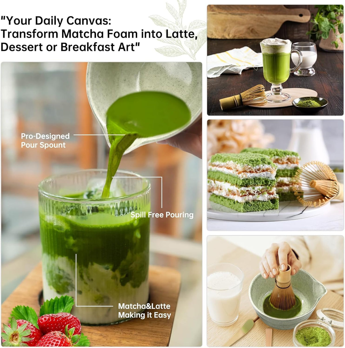 5-Piece Matcha Whisk Set – Green Ceramic Chawan, Bamboo Whisk, Scoop & Sifter