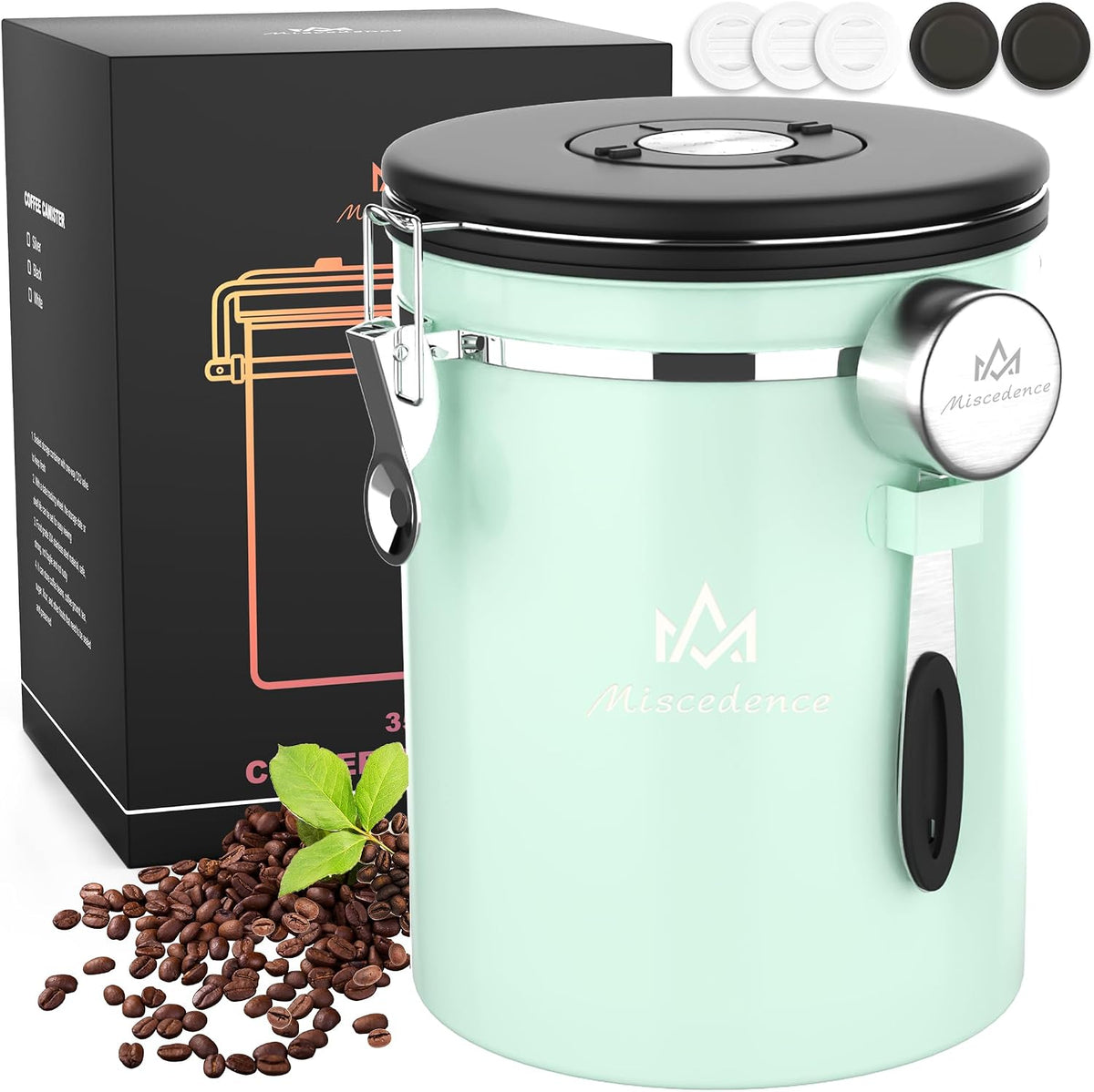 38 oz Stainless Steel Coffee Canister with Date Tracker & CO2 Valve – Mint Green, Airtight