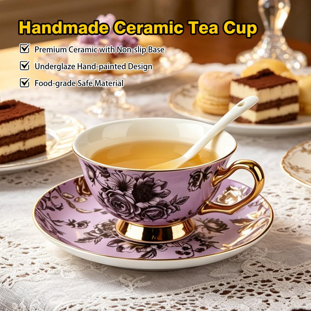 Bone China Floral Tea Cup & Saucer Set with Spoon – 7 oz