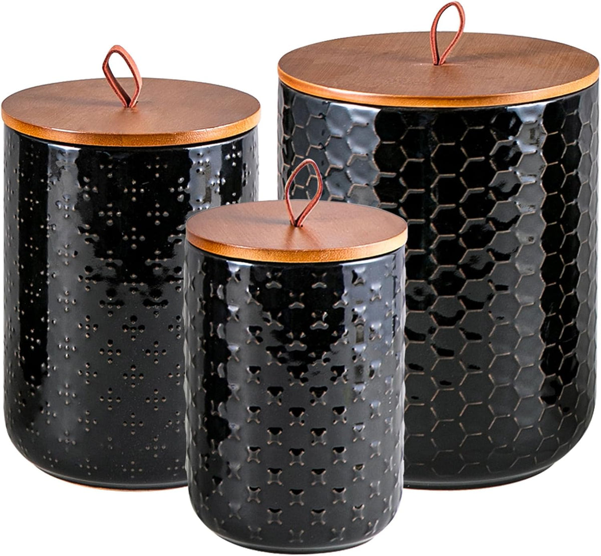 JOJUNO Black Embossed Ceramic Canister Set of 3 – Airtight Bamboo Lids, 30/48/82 oz