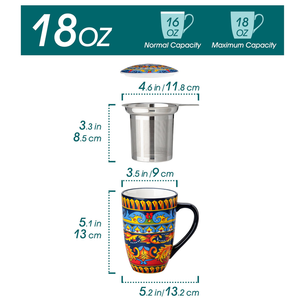 Ceramic Tea Infuser Mug with Lid, 18 oz – Bohemian Forest Daisy Pattern, Microwave & Dishwasher Safe