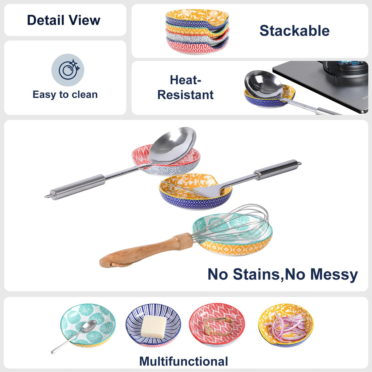 Selamica Ceramic Spoon Rest Set of 4 with Metal Holder – 4.8", Assorted Colors