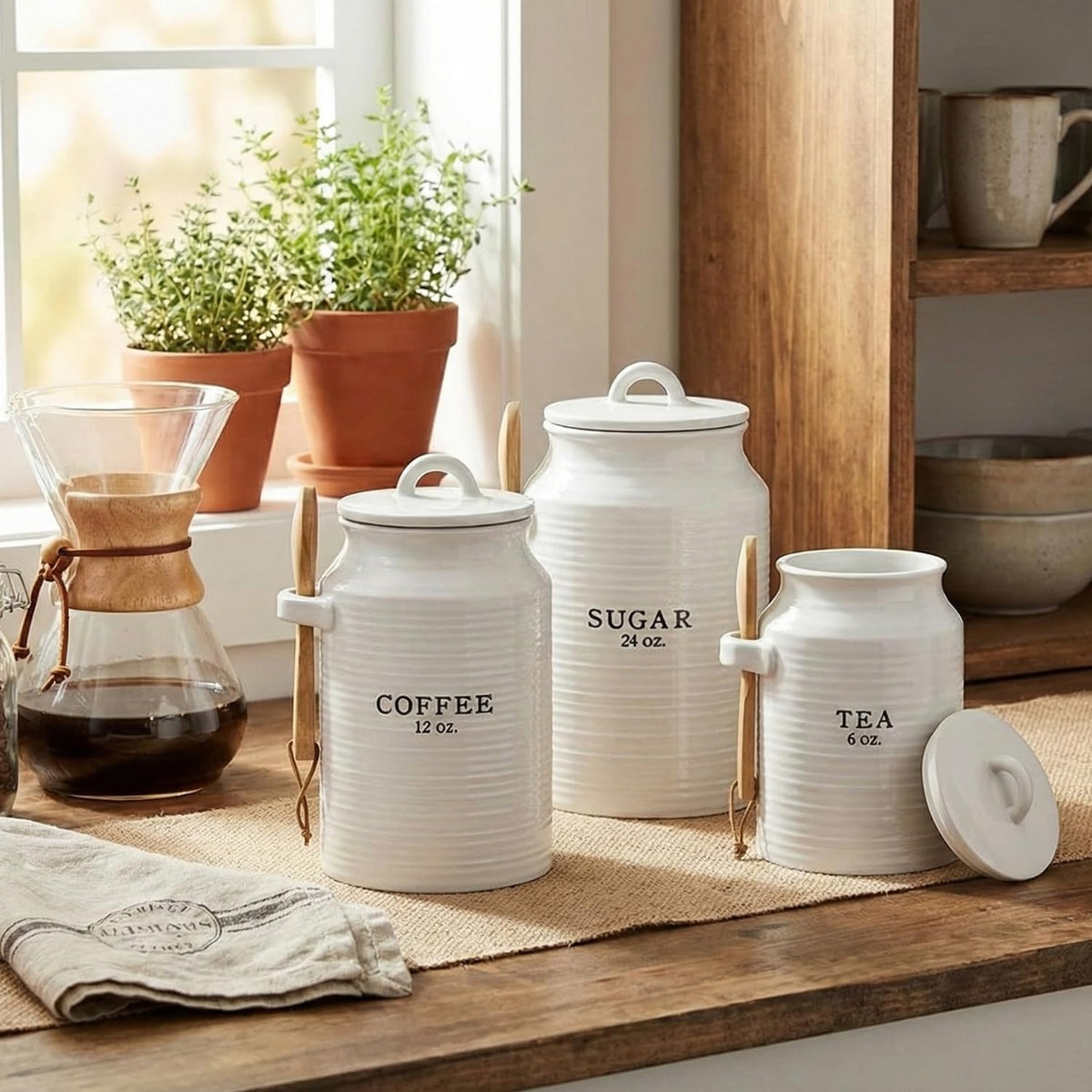 Barnyard Designs Ceramic Kitchen Canister Set of 3 – White Farmhouse, Coffee/Sugar/Tea, Airtight