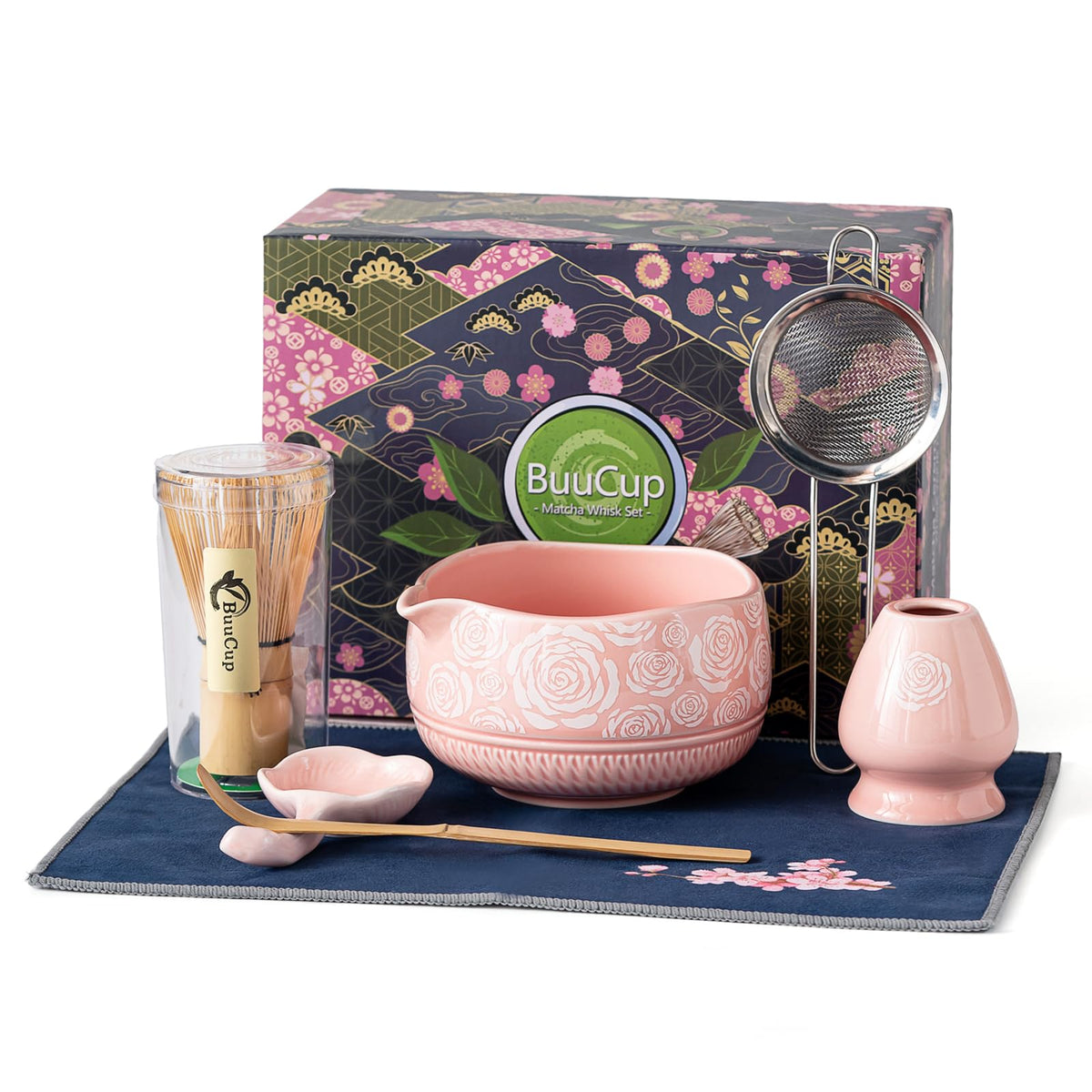 Buucup 7-Piece Green Ceramic Matcha Set – Bowl, Bamboo Whisk, Scoop, Holder, Rest, Sifter & Tea Towel