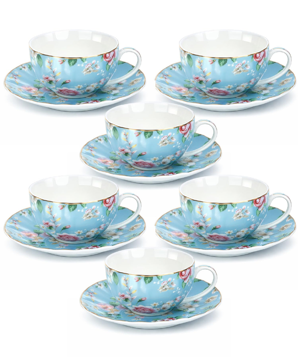 Floral Porcelain Tea Cups & Saucers Set of 6 – Midnight Blue