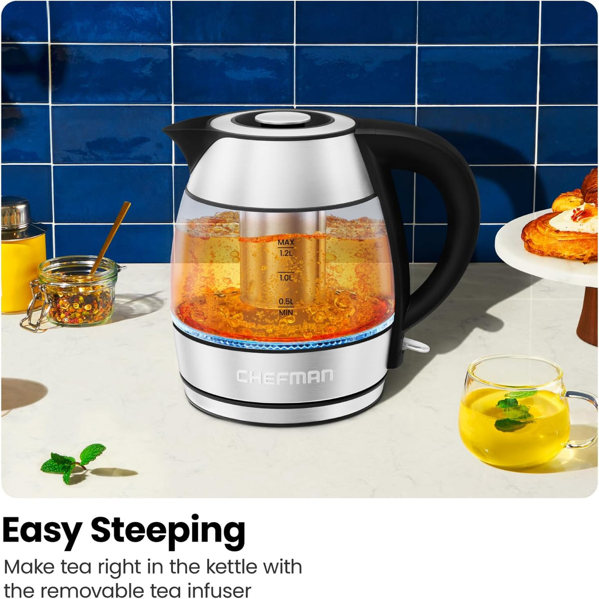 Chefman 1.2L Glass Electric Tea Kettle with Infuser