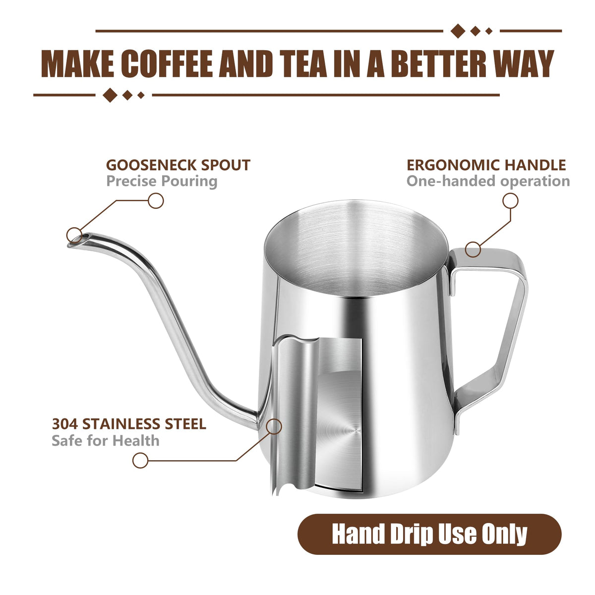 Stovetop Gooseneck Kettle with Thermometer – 40oz Stainless Steel, Pour Over