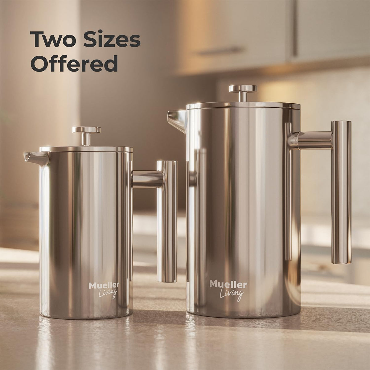 MuellerLiving French Press Coffee Maker – 34oz, Stainless Steel, 4-Filter