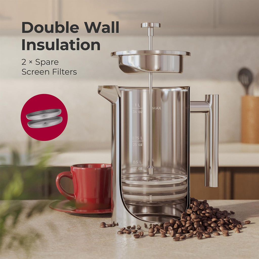 MuellerLiving French Press Coffee Maker – 34oz, Stainless Steel, 4-Filter