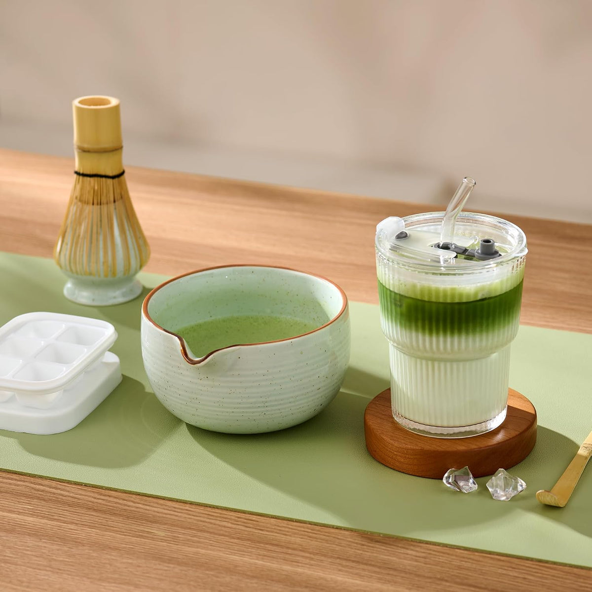 ComboJoy Complete Matcha Kit – Bowl, Whisk, Glass Cup with Straw & Ice Cube Tray for Hot & Iced Matcha