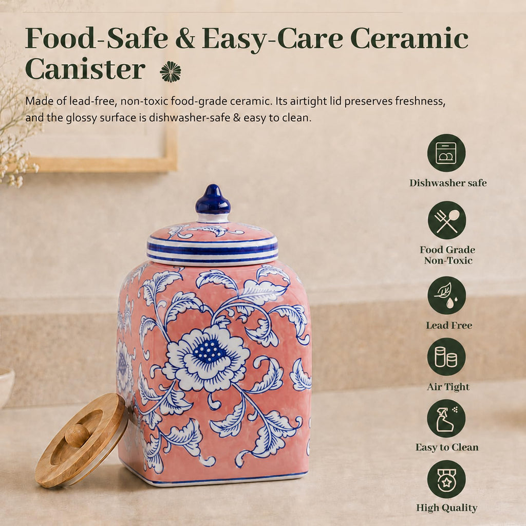 Ceramic Tea & Coffee Canister with Airtight Lid – 10" H, 121 fl oz, Green Peony Chinoiserie