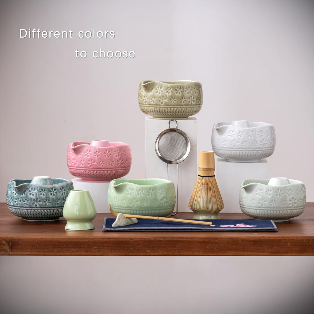 Buucup 7-Piece Green Ceramic Matcha Set – Bowl, Bamboo Whisk, Scoop, Holder, Rest, Sifter & Tea Towel
