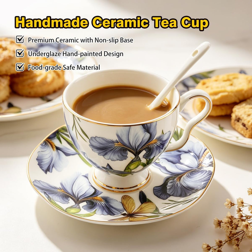 Bone China Floral Tea Cup & Saucer Set with Spoon – 7 oz
