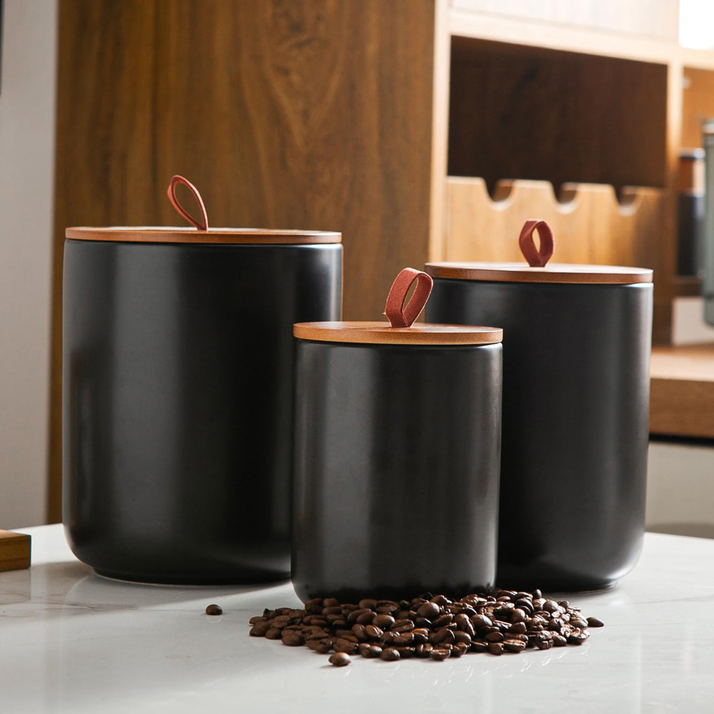 Mowtanco White Embossed Ceramic Canister Set of 3 – Airtight Bamboo Lids, 12/30/48 oz