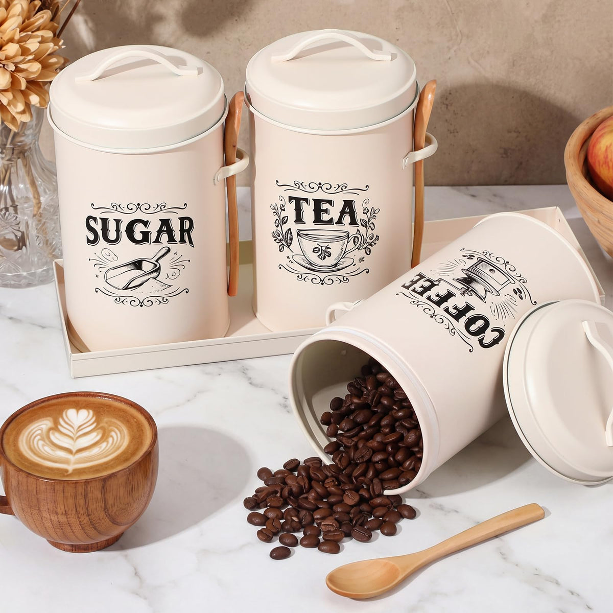 White Coffee, Tea & Sugar Canister Set of 3 with Tray & Wood Scoops – Metal, Airtight, Farmhouse