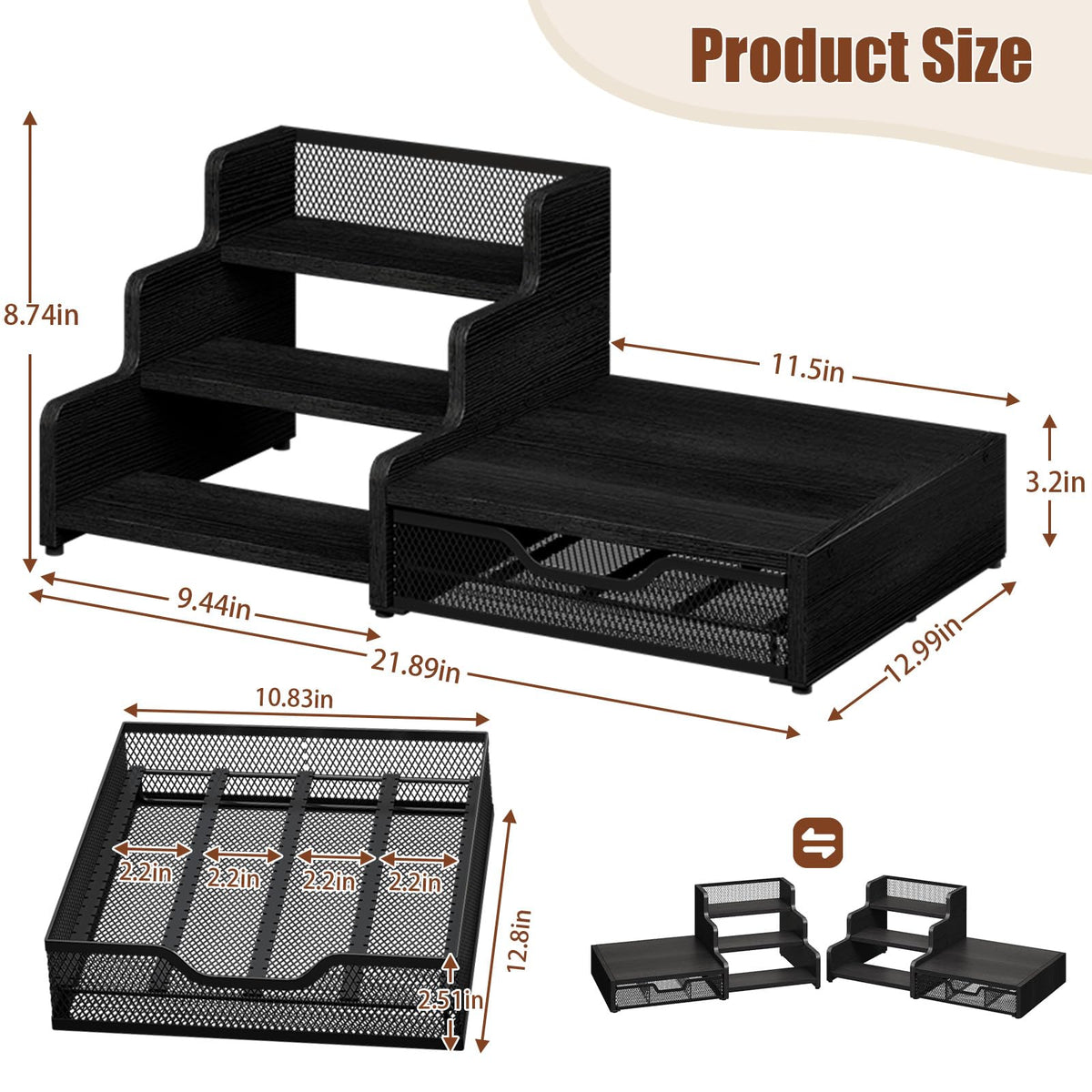 3-Tier Coffee Station Organizer with K-Cup Holder – Rustic Brown