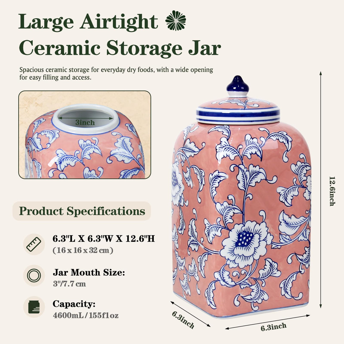 Ceramic Tea & Coffee Canister with Airtight Lid – 10" H, 121 fl oz, Green Peony Chinoiserie