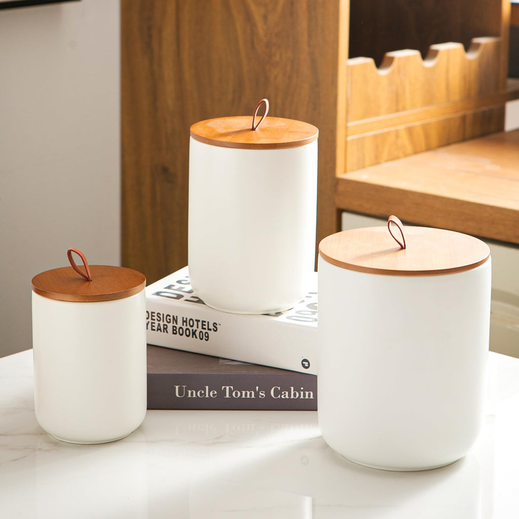Mowtanco White Embossed Ceramic Canister Set of 3 – Airtight Bamboo Lids, 12/30/48 oz