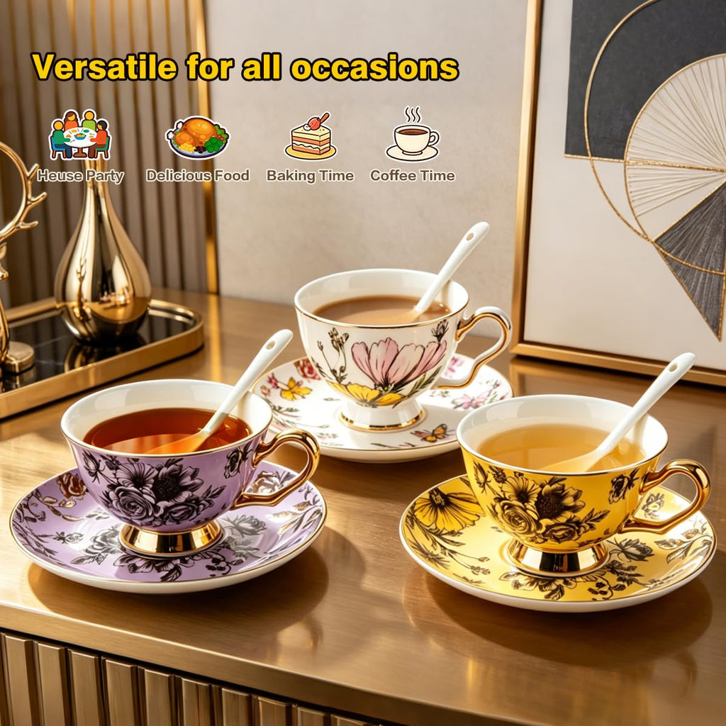 Bone China Floral Tea Cup & Saucer Set with Spoon – 7 oz