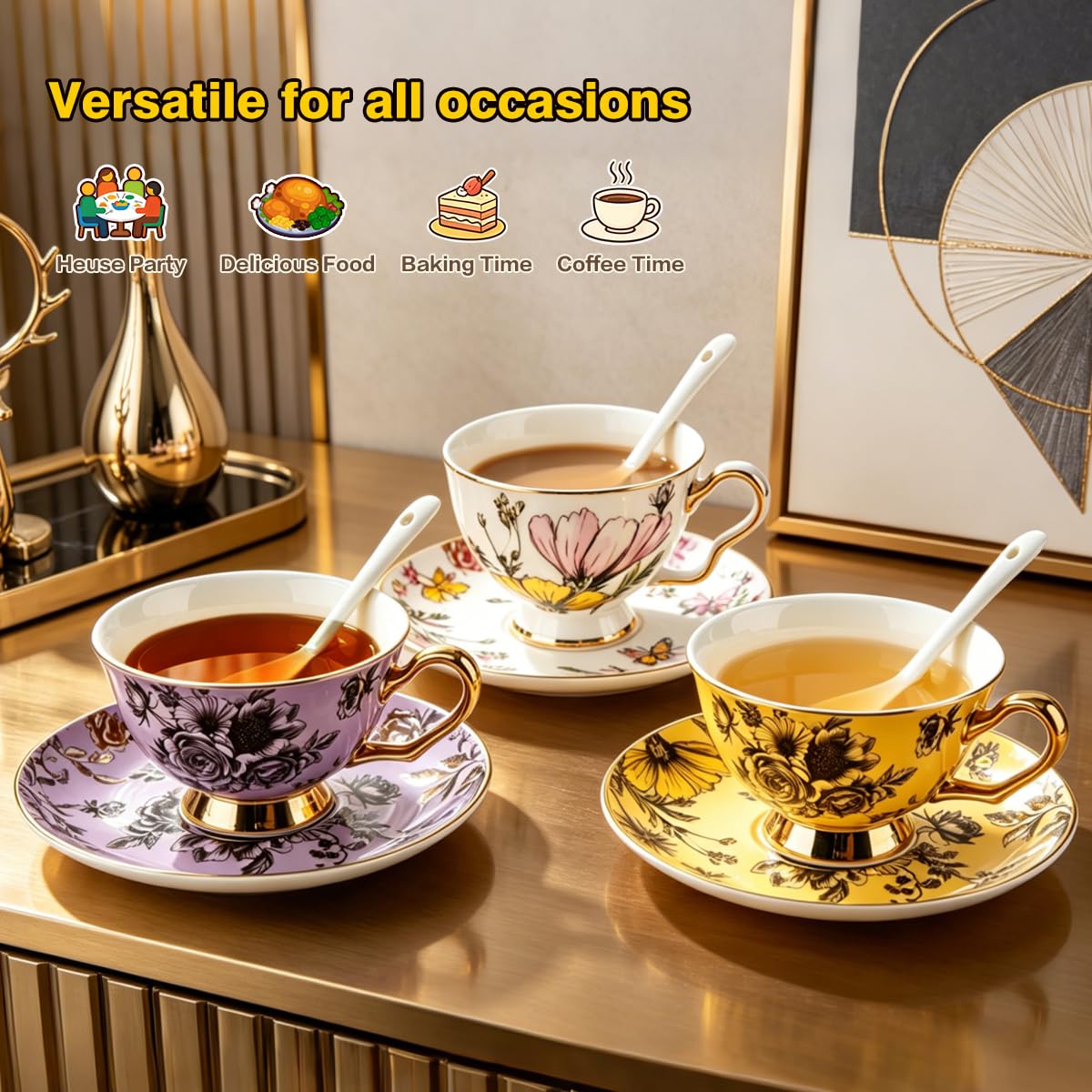 Bone China Floral Tea Cup & Saucer Set with Spoon – 7 oz