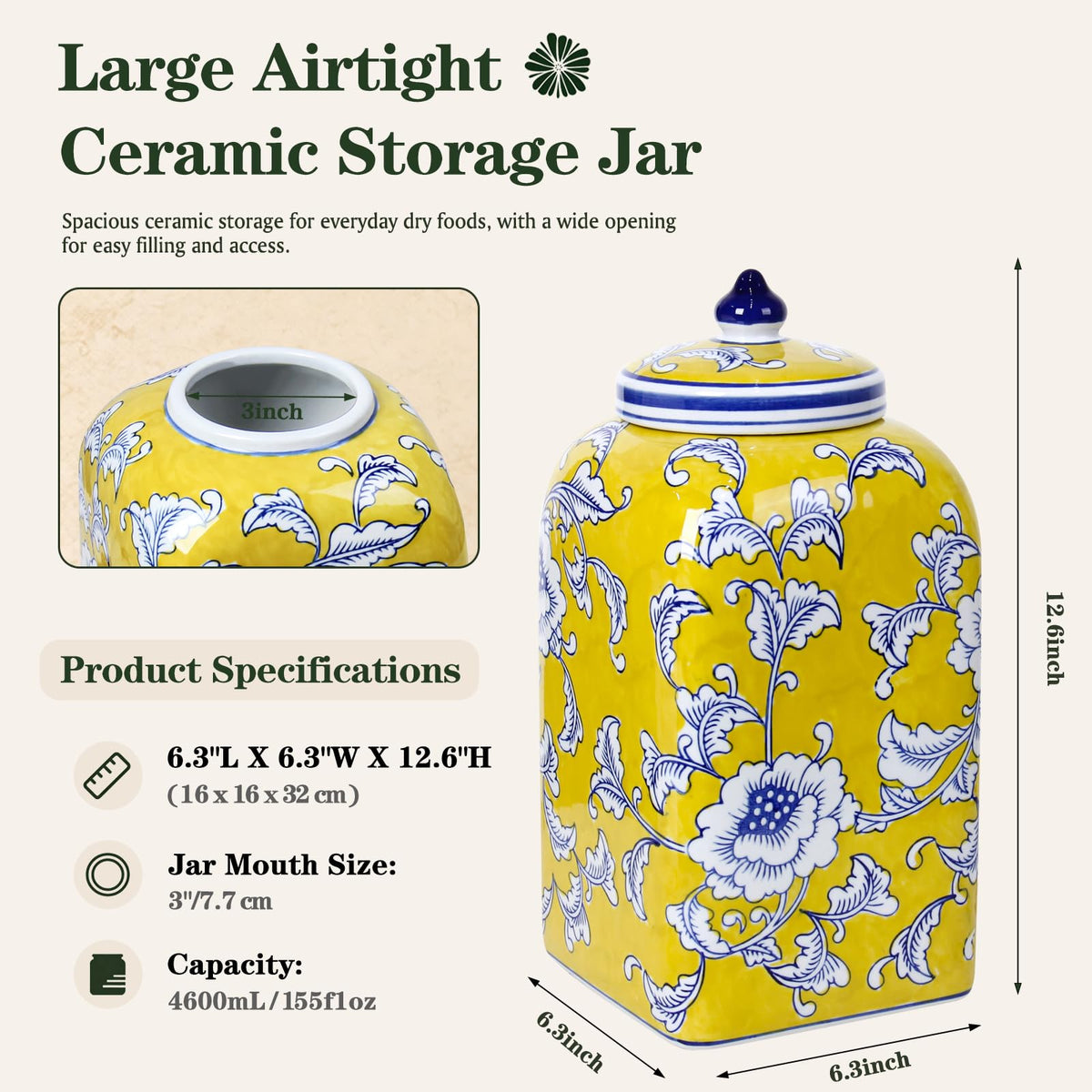 Ceramic Tea & Coffee Canister with Airtight Lid – 10" H, 121 fl oz, Green Peony Chinoiserie